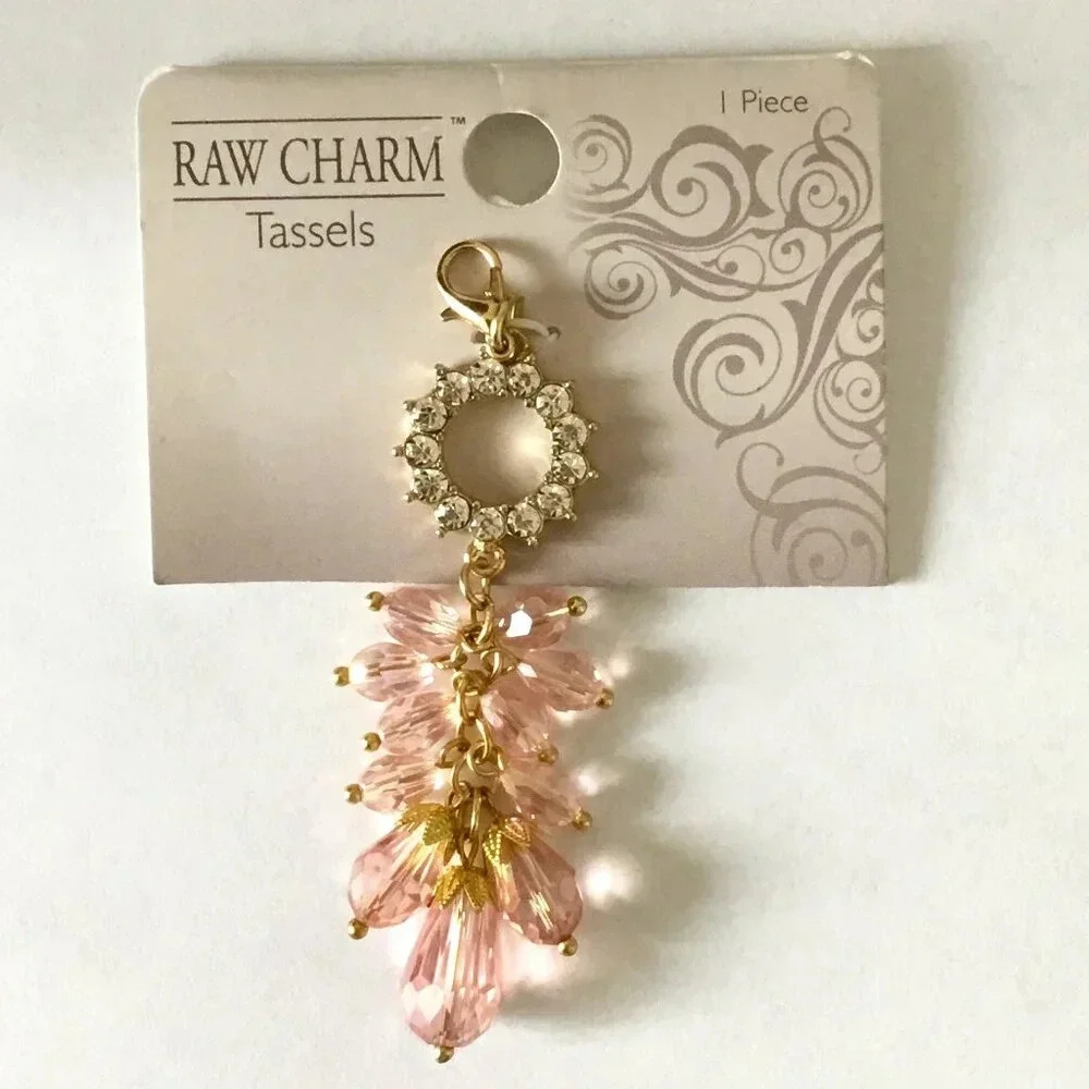 Raw Charm Gold plated Pink Glass and crystal Tassel Pendant. Pink
